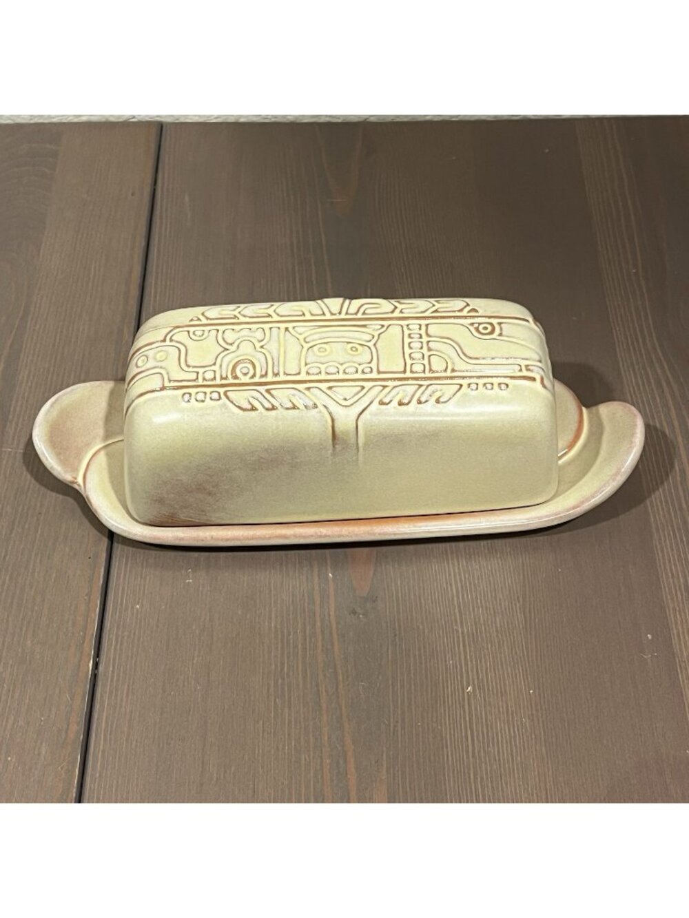 Frankoma Pottery Mayan Aztec Desert Gold Covered Butter Dish 7K Vintage MCM